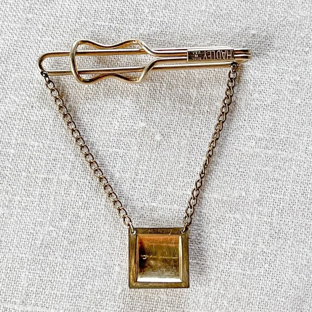 Vintage Hadley Tie Bar Clip Chain Gold Tone Mens Formal Wedding Groom Classic